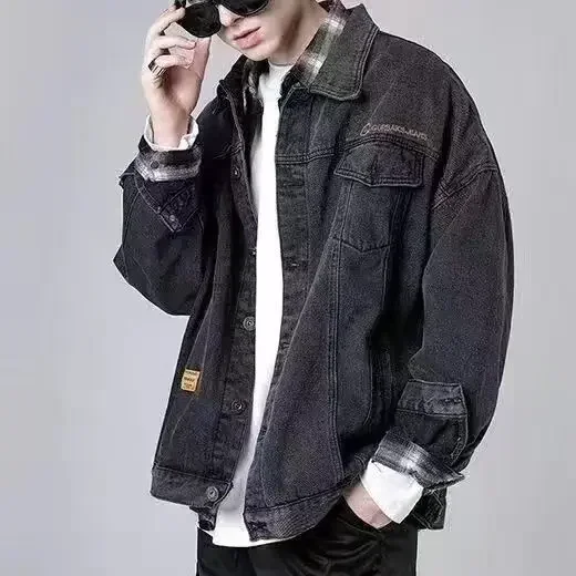thumbnail image 1 of Abrigos de mezclilla para hombre, chaqueta vaquera de camuflaje para hombre, con botones empalmados, estilo cargo coreano, lavado, talla grande, alta calidad, marca de diseñador, 1 of 5