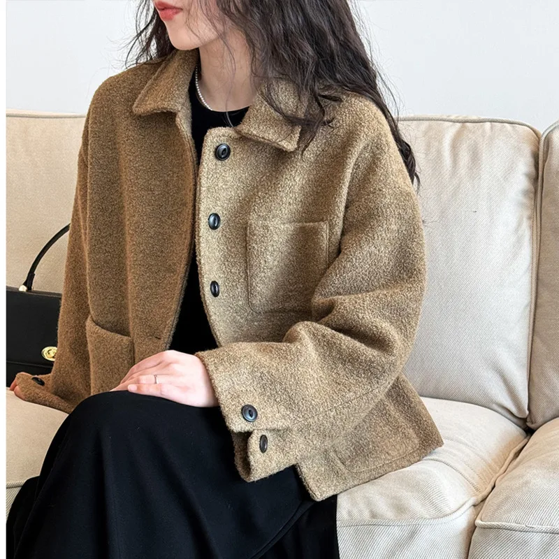 

2023 Autumn/Winter Wool Coat Khaki White Women's Korean Crop Jacket Top