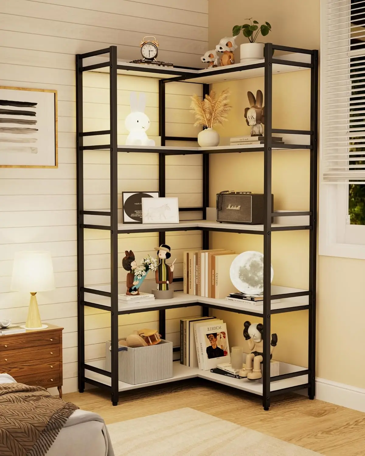Large 5-Tier Corner Bookshelf - Modern Tall Corner Shelf Storage Display Rack with Sturdy Metal Frame - Perfect for Livin 6