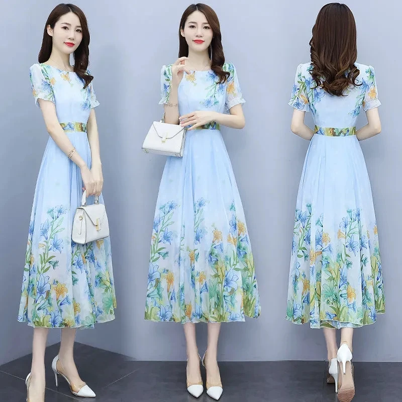 Green Big Swing Chiffon Dress Women's Summer Dress 2023 Fashion Long Slim Floral Dresses Print Short Sleeve A-Line Dress Elegant