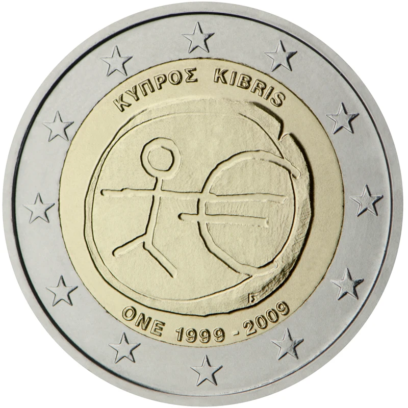 Cipro 2009 Moneta Commemorativa 10 ° Anniversario Dell'Unione Economica E Moneta 2 Euro Unc Nuovo Di Zecca