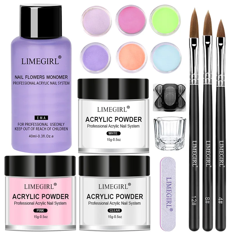 Nail Kit Nail Acrylic Powder Set Crystal Glitter Acrylic Liquid Monomer with Nail Brush File Nails Extension Neon Phosphor-Powder Set