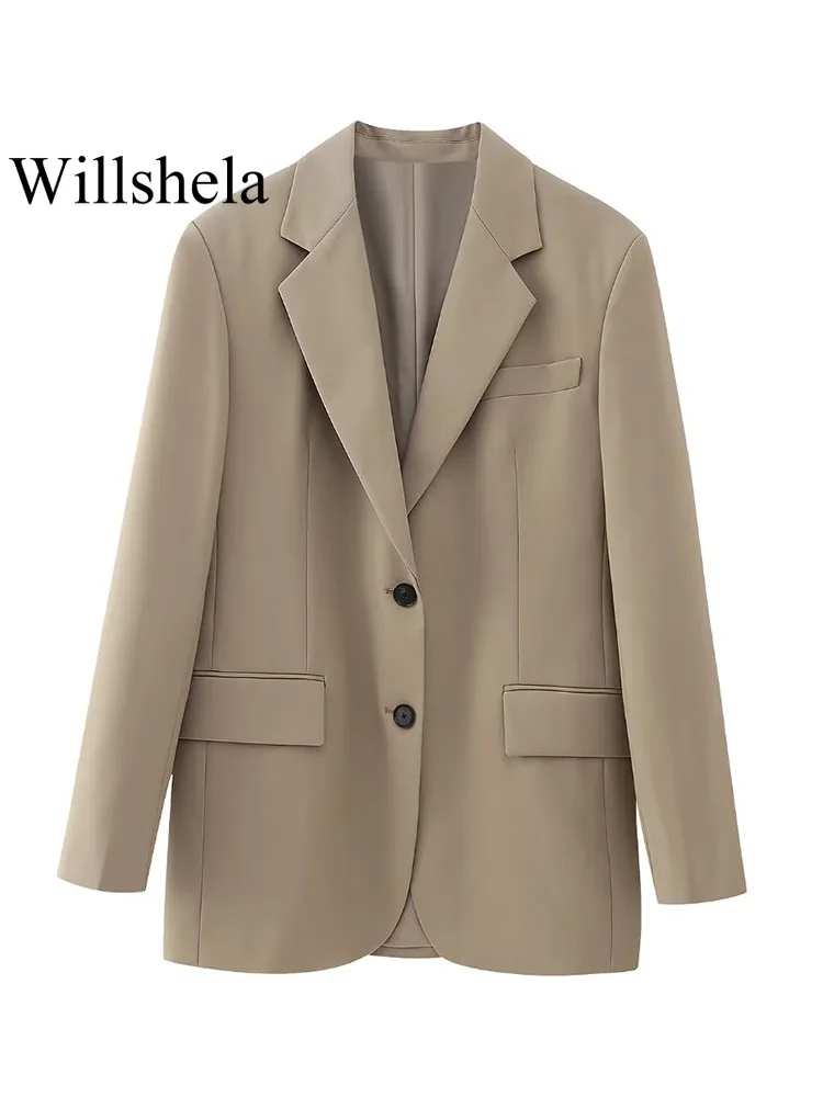 

Willshela Women Fashion With Pockets Khaki Single Breasted Blazer Vintage Notched Neck Long Sleeves Female Chic Lady Outfits