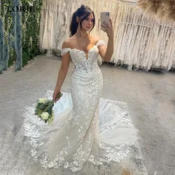 LORIE Lace Mermaid Wedding Dresses Sleeveless Off The Shoulder Appliqued Lace Bridal Dress Sweep Train Wedding Gowns 2023