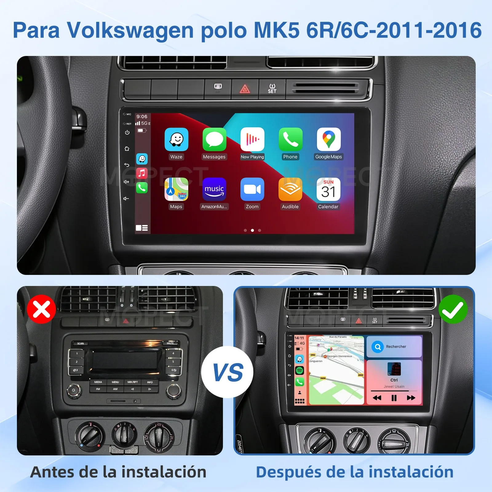 Radio para Auto Android 15.0 de 9 Pulgadas, 4+64 GB, para VW Polo 6R 6C V 2009-2017, Apple CarPlay, Pantalla Táctil IPS, Navegación GPS, FM/AM, SWC, Bluetooth 2