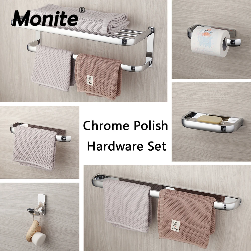 Monite Chrom Poliertes Massives Messing Badezimmerzubehör Toilettenbürste Papierhalter Seifenschale Regal Handtücher Set Wandmontage Combo