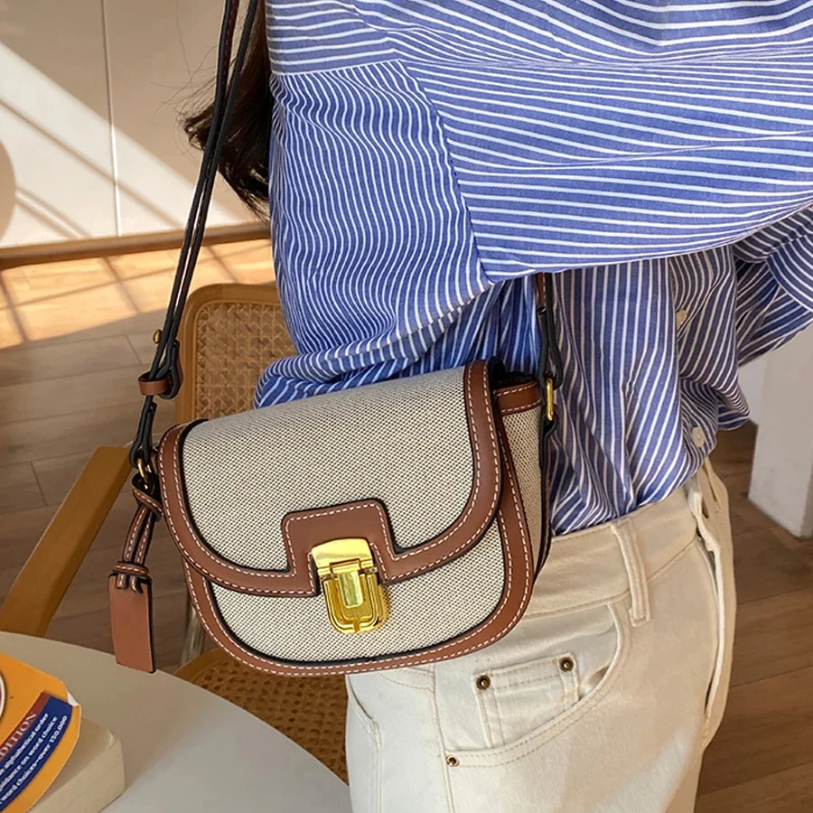 Piccola borsa a tracolla con pannello a contrasto in tela retrò, con una spalla, borsa a tracolla, borsa da sella, borsa da donna, portafoglio vintage_voghion.com