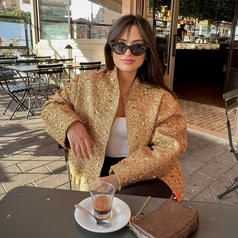 

TRAF Sequinned Bomber Jacket Women's Jacket Demi-Season Long Sleeve Top Korean Luxury Clothing Chic And Elegant Woman Jackets