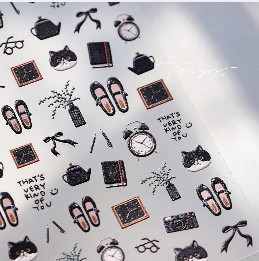 검은 고양이 새끼 고양이 안경 카메라 계시기 신발 노트북 꽃병 펜 주전자 Bowknot 항목 접착제 네일 아트 스티커 매니큐어 데칼