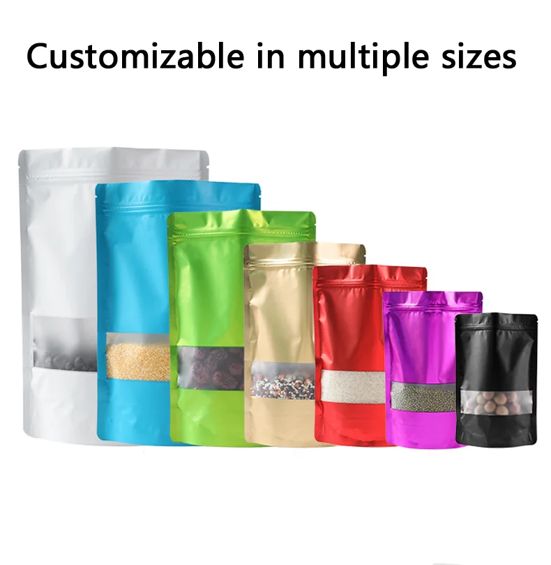 Self-Sealing aluminum foil bag resealable matte self-supporting food packaging bag with display window color printable food storage bag