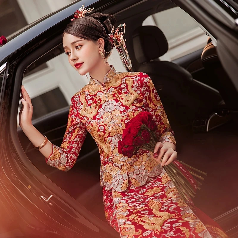 

Yourqipao Bride Toast Chinese Wedding Dress Embroidered Is Thin Big Five Blessing Dragon Phoenix Gown Wealth Auspicious Elegant