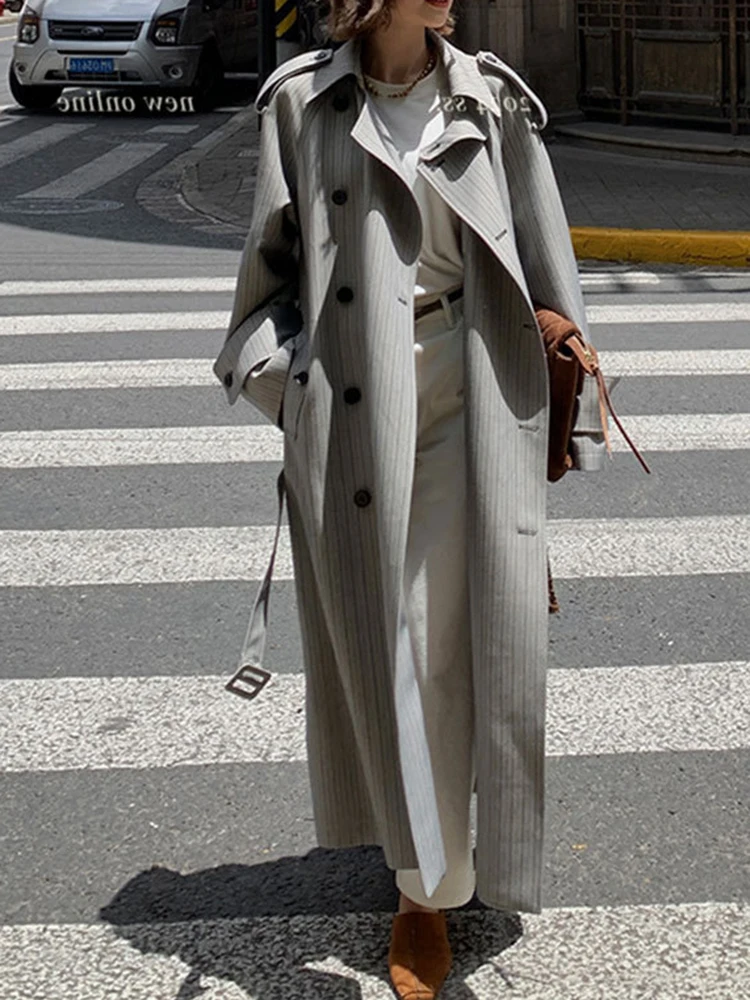 YERMORA Fashion Designer Long Trench Coat Women Lapel Double Breasted Belt Gathered Waist Windbreaker 2024 Autumn Winter New