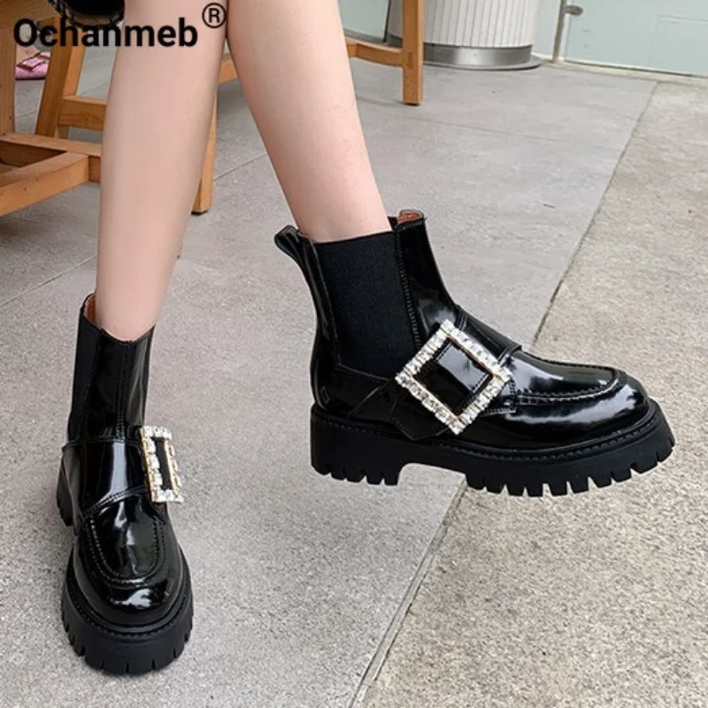 

Ochanmeb Real Leather Chelsea Women Short Boots Autumn Winter Crystal Woman Ankle Boot Square Button Elastic Band Lady Shoe 2023