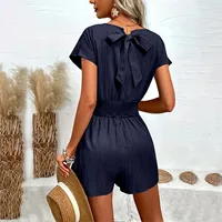Women V Neck Rompers 2024 Summer Shorts Jumpsuits Short Sleeved Playsuits With Pockets Casual Solid Loose Beach Overalls - Image 5