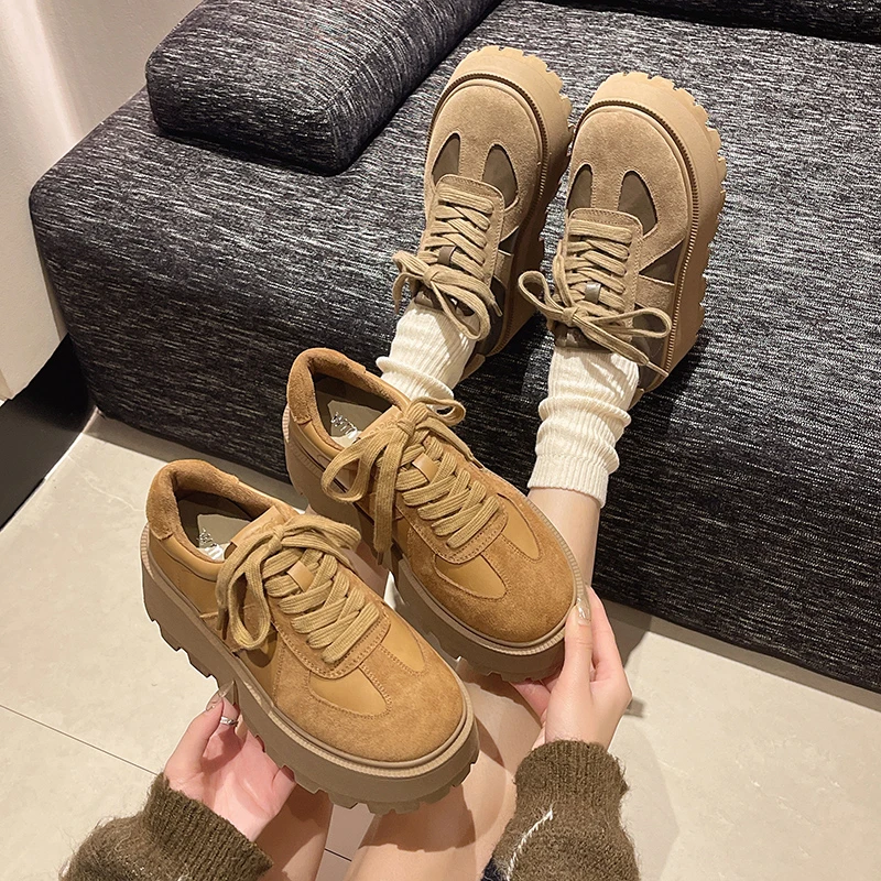 Aphixta Women Casual Sneaker Boots Shoes Woman Lace Up Platform Height Increasing Modern Boot Chunky Sole Khaki Ankle Boots