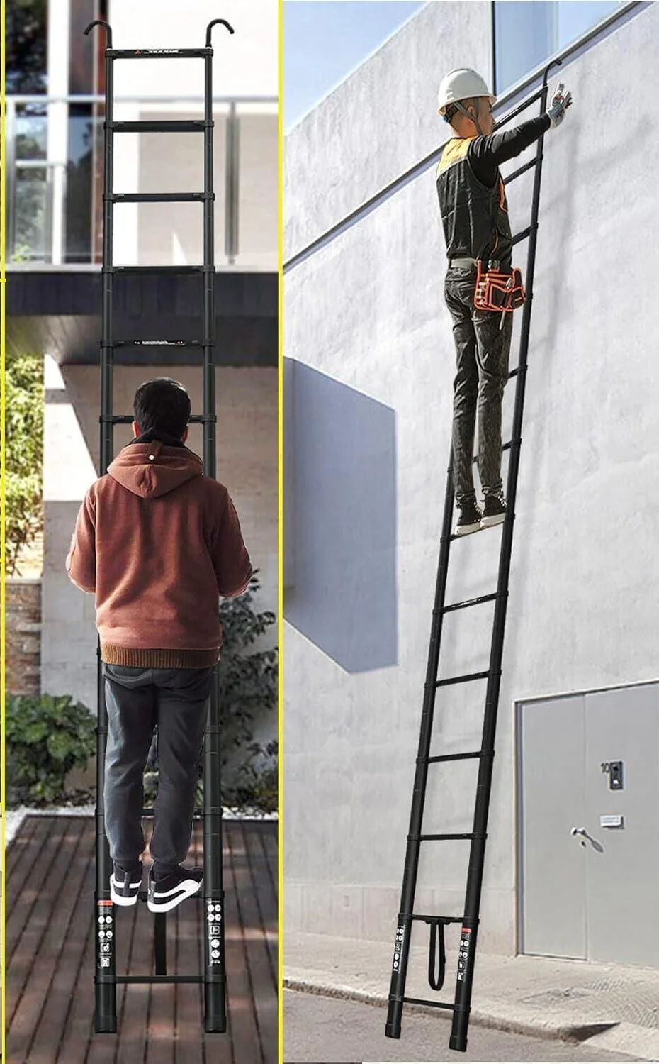 Teleskopleiter 3,2 m Aluminium-Teleskopleiter mit rutschfesten Füßen, gerade Mehrzweckleiter mit 2 Haken, 150 kg – Detail 10
