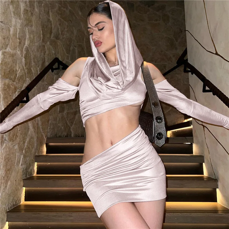 

Hooded Girl Summer Two Piece Skirt Set Women Solid Off Shoulder Bare Midriff Tops+Ruched Slim Mini Skirt Female Stunning Outfits