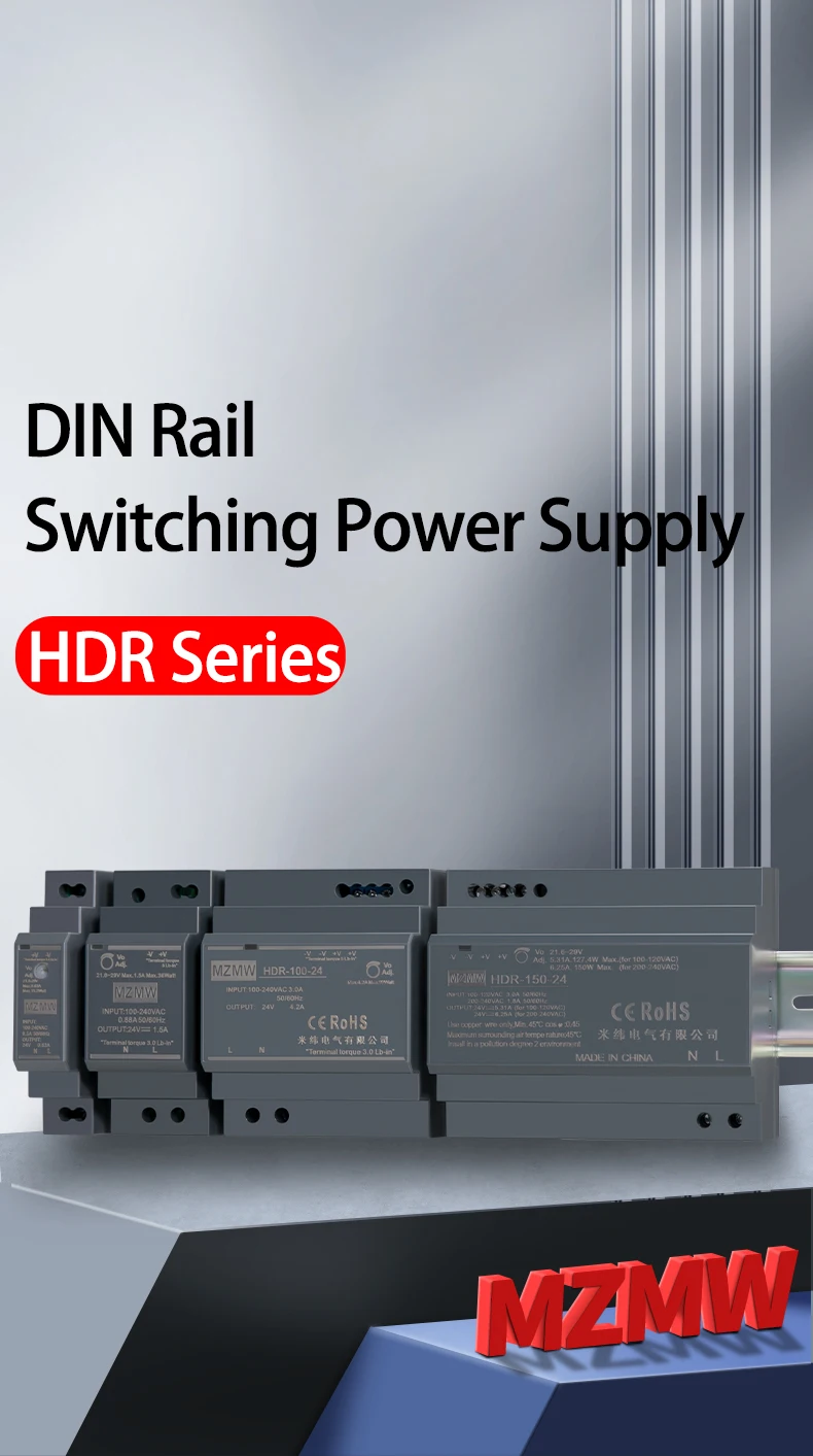 Description Picture 2 of itemMZMW DIN Rail Switching Power Supply HDR-Series 15W 30W 60W 100W 150W AC/DC 12V 24V Slim Step Shape Transformer Industrial SMPS