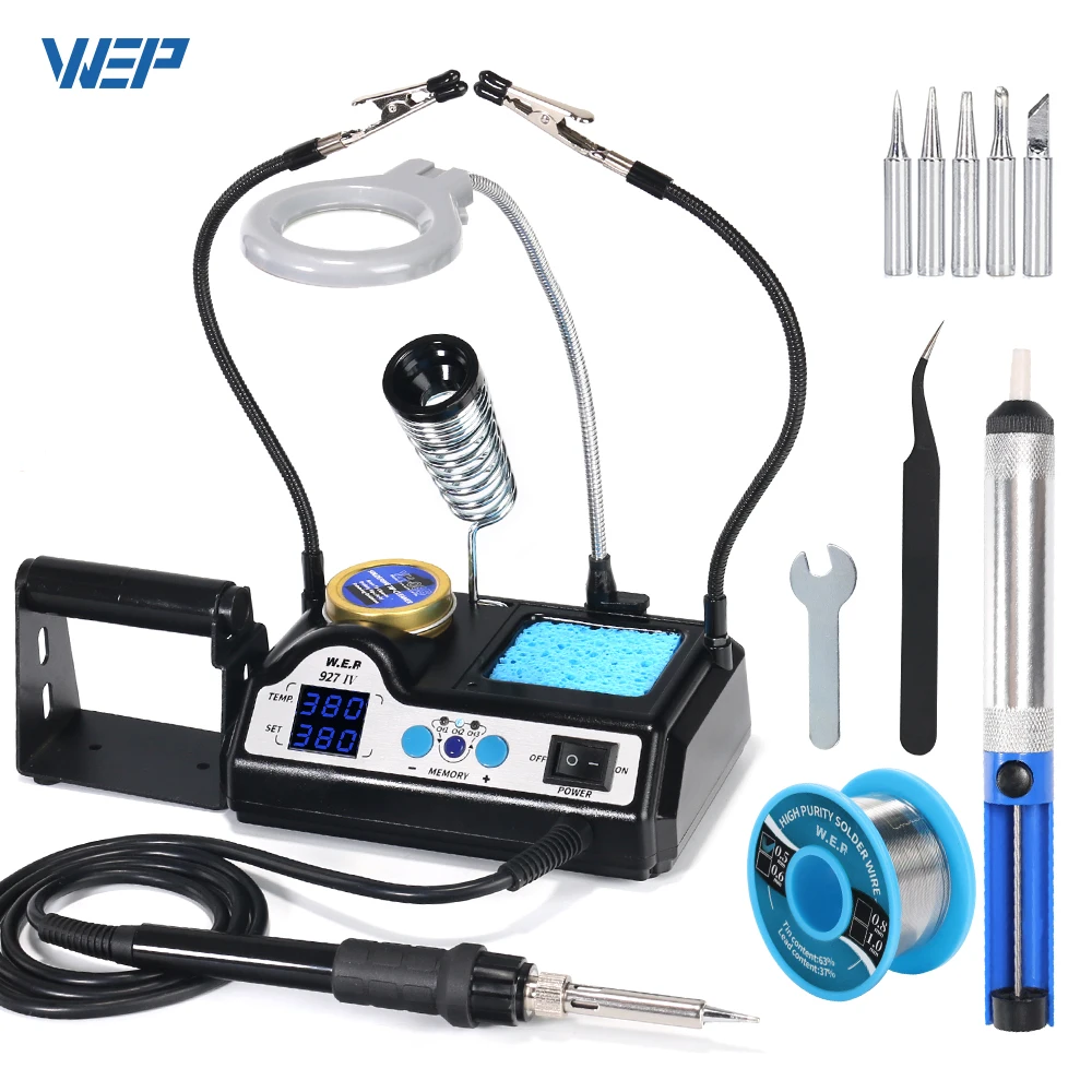 WEP 927-IV Kit stazione saldatore 110W con lente d'ingrandimento LED, 2 mani di aiuto, filo di saldatura senza piombo 30g, 3 punte di saldatura, pompa dissaldante, pinzette ESD-Safe