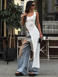 Hugcitar Fashion Backless Square Collar Bodycon Maxi Dress - Sexy Summer Y2K Style - S (WHITE)
