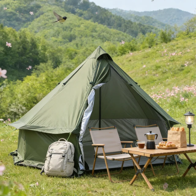 4 Person Luxury Pyramid Tent Yurt Tent with Silver Coating for UV Protection Breathable Camping Tent Stove Space for 4 Seasons