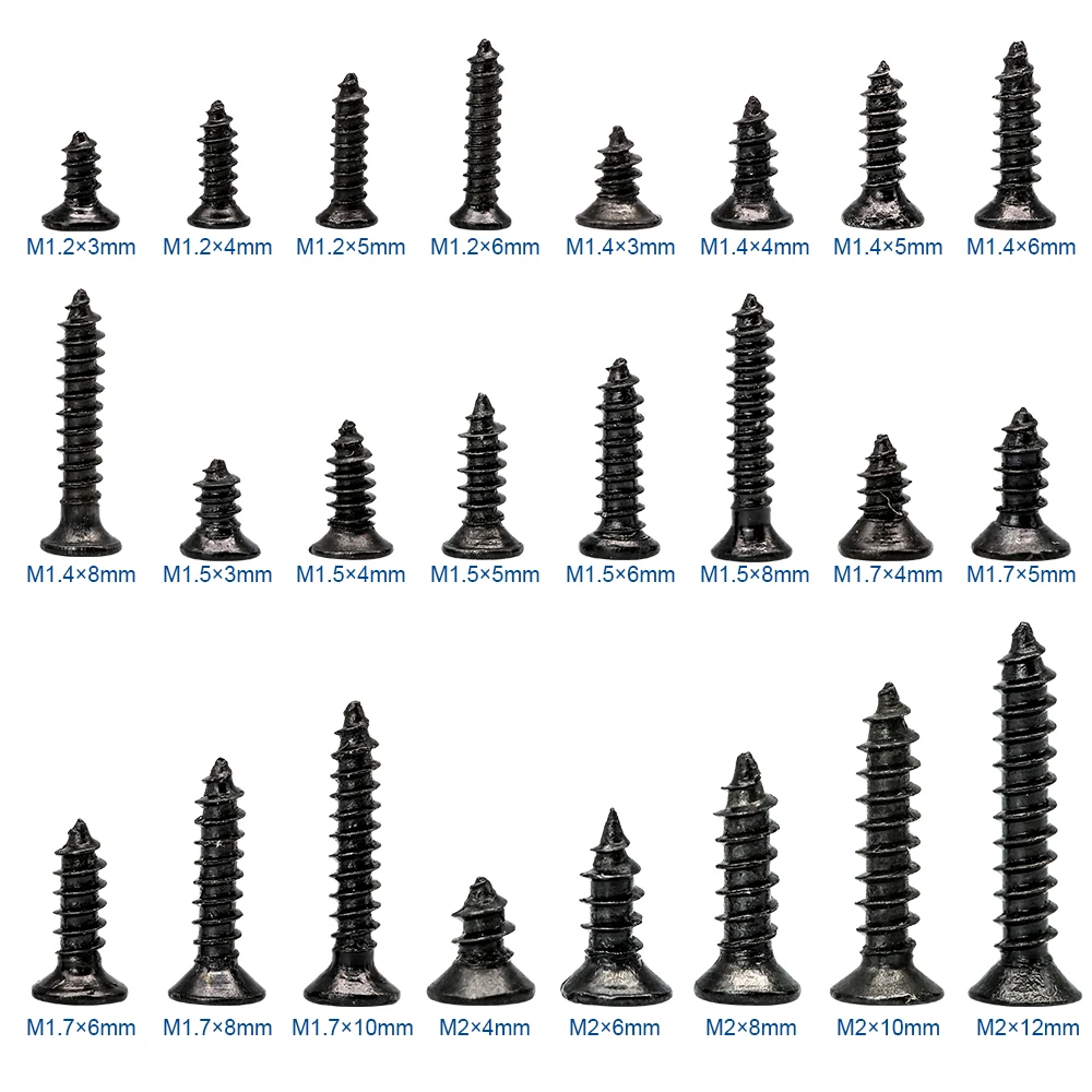Cross Flat Head Tapping Screws Kit M1.2 M1.4 M1.5 M1.7 M2 M2.3 M2.6 M3 Carbon Steel Black Phillips 450/1200pcs