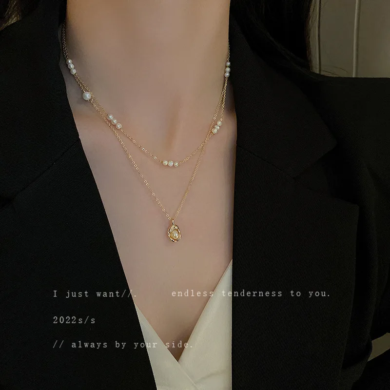 Electroplated Baroque Pearl Necklace Two-piece French Retro Design Clavicle Chain Fashion Joker Necklace Women
