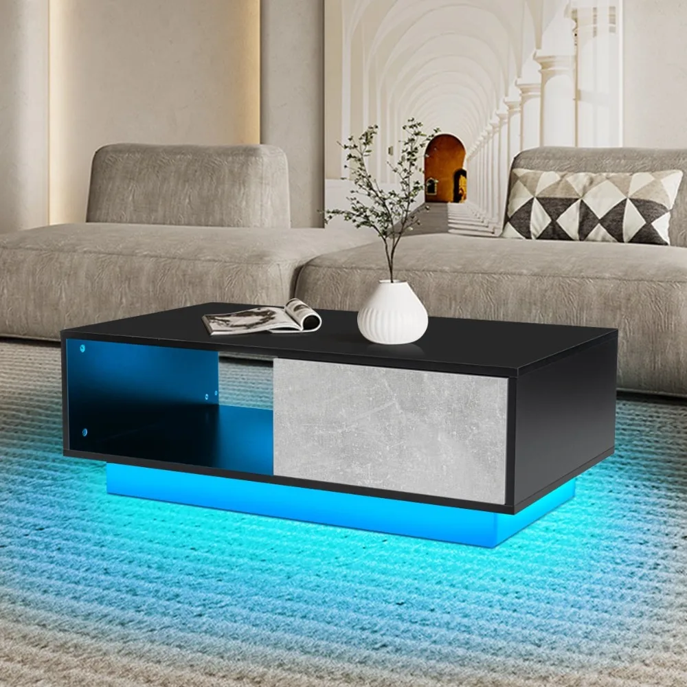 LED Coffee Table Modern Side Tables High Gloss Black Cocktail Table with 2 Drawers Open Shelf for Living Room 2