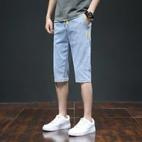 Trendy Summer Denim Shorts Men's Loose-fit Straight-leg Elastic Waist Mid-length Pants Korean Style Casual Fashion