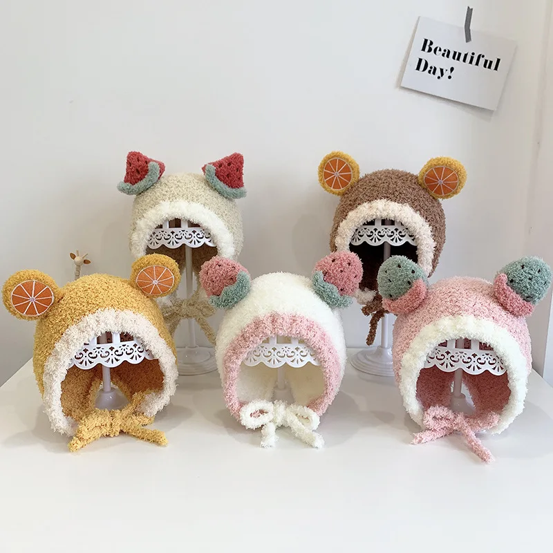 

0-24M Baby Winter Autumn Hat Kids Bonnet Soft Baby Bucket Hat Wool Knit Hats Children Warm Toddler Boys Girls Cap with Fruit Ear