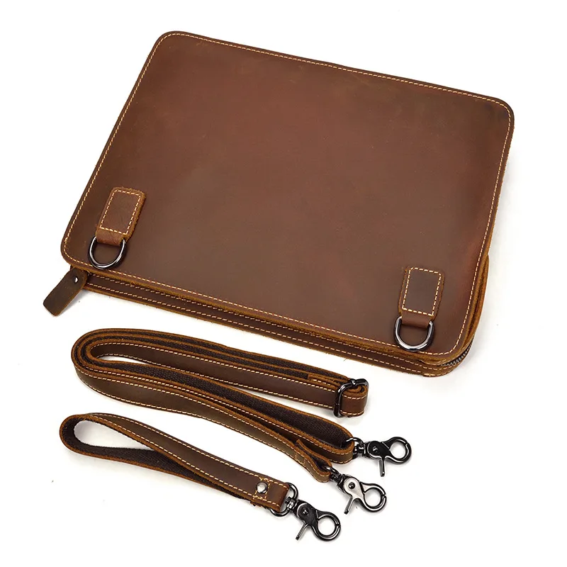 

XZAN Men's Crazy horse leather clutch bag vintage genuine hand high quality A4 iPad casual shoulder messenger