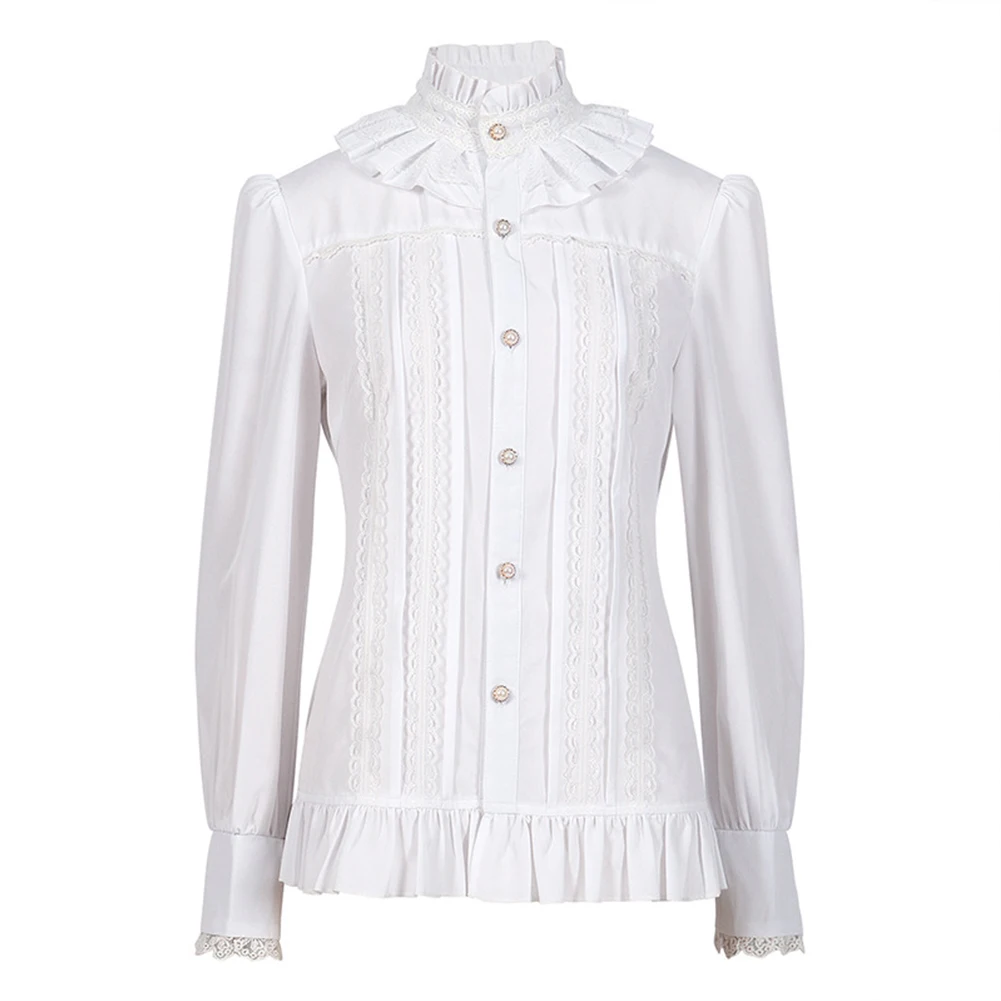 

Fashion Women Vintage Victorian Shirts And Blouse Solid White Gothic Stand Collar Lace Lolita Lotus Ruffle Tops Female Shirt