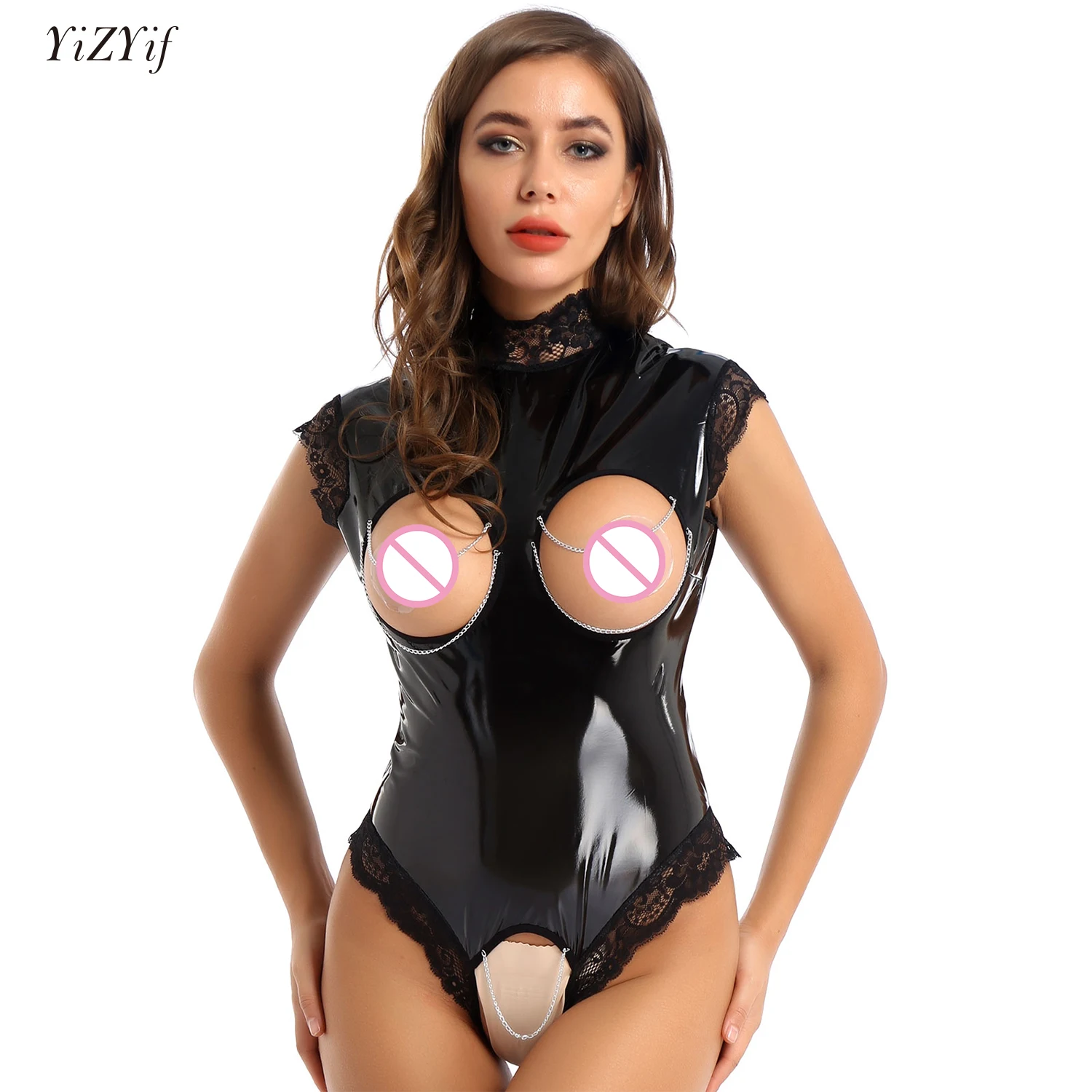 

Erotic Bodysuit Cupless Crotchless Teddy Femme Black Wetlook Pvc Latex Catsuit Gothic Women Porno Costume Sexy Lingerie Clubwear