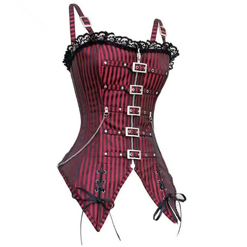 Red and Black Striped Belly Shaping Shirt Gothic Zipper Tops Spicy Girl Tube Top Female Festival Clothing Bodysuit Sexy Bustier
