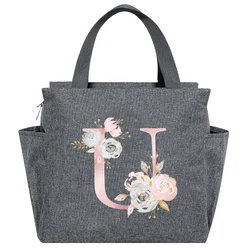 Insulated Canvas Lunch Tote - Thermal Food Picnic Bag - 25cm x 14cm x 25cm (2Pink flower U)