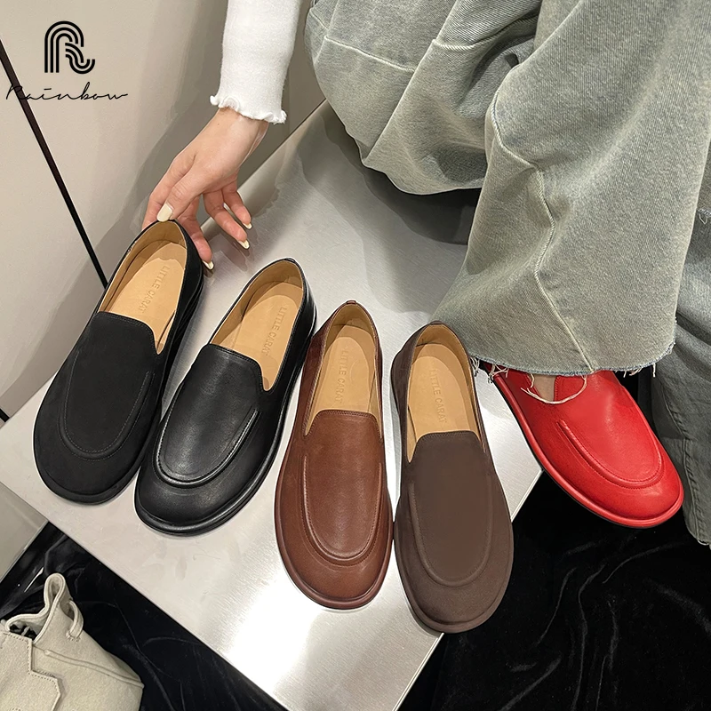 RAINBOW Size 33-40 Women Flats Loafers Soft Genuine Leather Low Heels Shoes 2025 Ins Casual Slip On Daily Office Lady Dress 2