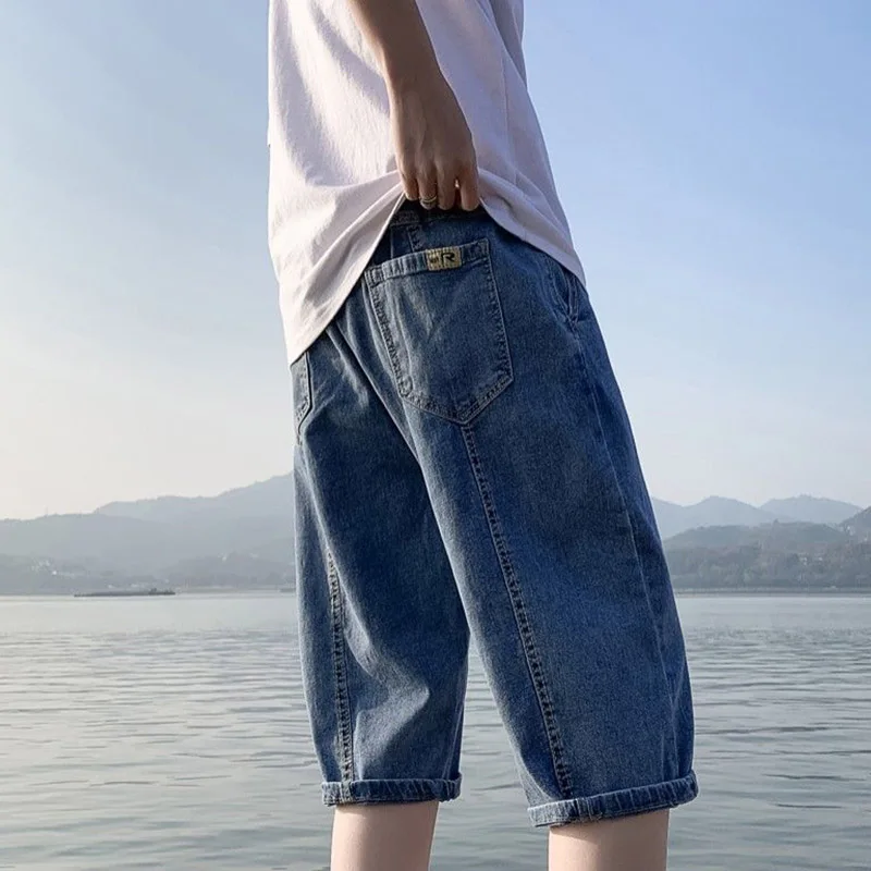 New Denim Shorts Capris Korean Version Fashionable Men's Summer Thin Loose Straight Drawstring Elastic Waist Pants 5xl Large