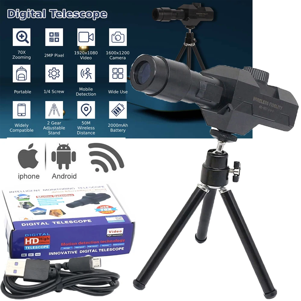 WiFi Digital Telescope,70x Zoom 1920X1080 Monocular Camera Monitor with Tripod Cellphone APP Control Support Android IOS System