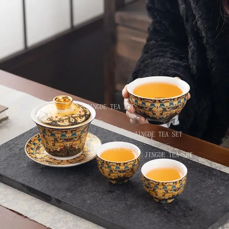 150ml Hoverable Ceramic Lid Bowl High End Lamb Fat Jade Kung Fu Tea Cup Tea Bowl Household Drinking Utensils Underglaze Colour