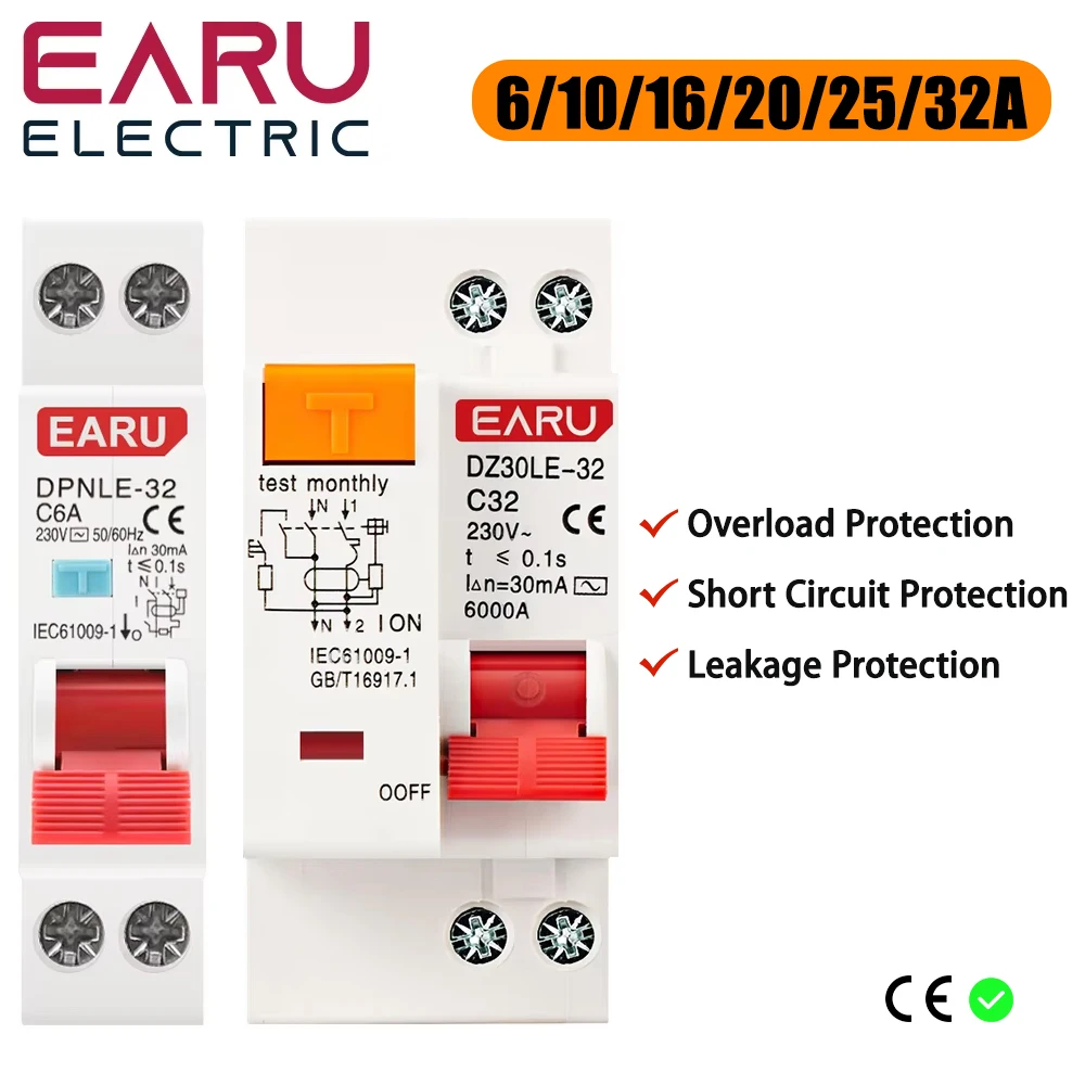 DPNL 230V 50/60Hz RCBO MCB 1P+N 6KA Residual Current Differential Automatic Circ