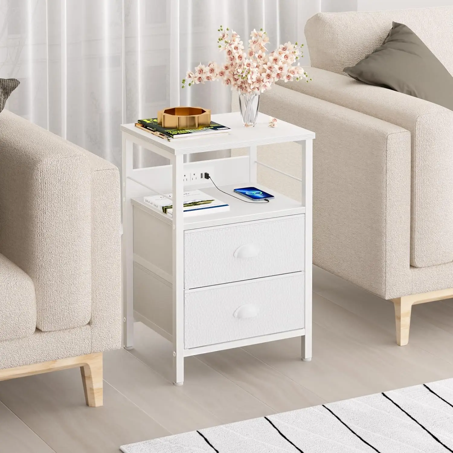 Nightstands Set of 2, End Tables with Charging Station and USB Ports, Side Tables with 2 Fabric Drawers, Night Stands