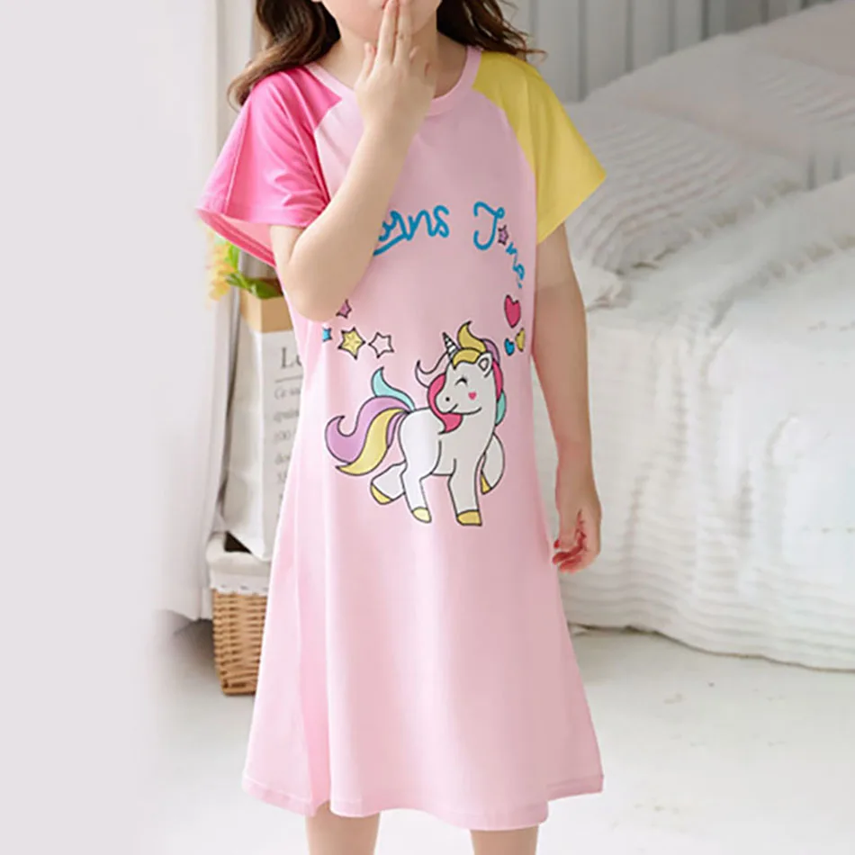 Summer Sleepwear for Girls Short-Sleeve Cartoon Unicorn Dino Nightgown Children Sleeping Clothes for Little Kids Bedtime Dress 1