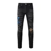 NEw Men's Embroidered Blue Snake Patchwork High Street Distressed Slim Fit Stretch Holes Patches Ripped Washed Black Jeans 1