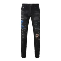 NEw Men's Embroidered Blue Snake Patchwork High Street Distressed Slim Fit Stretch Holes Patches Ripped Washed Black Jeans 1