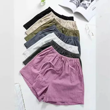 Women Cotton Linen Shorts 2026 New Summer High Waist Casual Sports Shorts Female Solid Color Pocket Loose Beach Hot Short Pants 1