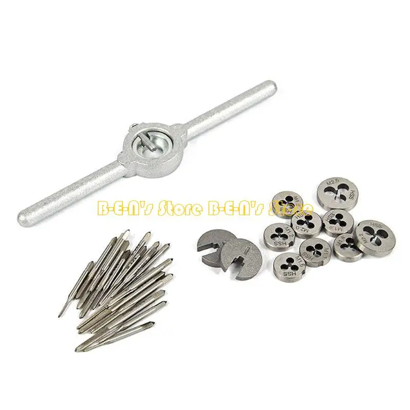 Y1AD 31Pcs 미니 HSS 미터 나사 플러그 탭 다이 렌치 핸들 세트 M1-M2.5 나사 신규