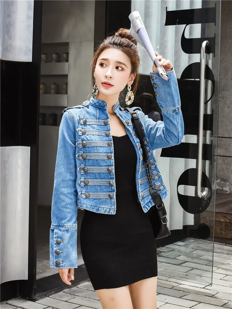 

Military style Black Brief Denim Jacket Double breasted New Lapel Long Sleeve Women Jean Coat Fashion Tide Spring Fall Chaquetas