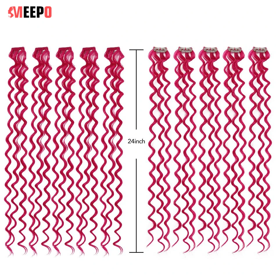 MEEPO 24Inch Deep Wave Hairpiece Synthetic Hair Extensions 10 Pieces/Set Clip In Hair Extension Pure Color Clip In One Piece