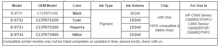 T973 T9731 T9732 T9733 T9734 Premium Compatible Color Inkjet Ink Bag Cartridge f