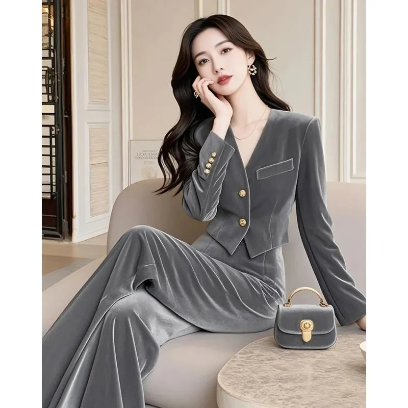 Fashion Autumn New Slim Gold Velvet Top And Pants Two Piece Set Trendy Women Spring Shirt And Pant Suits Plus Size 4XL High End